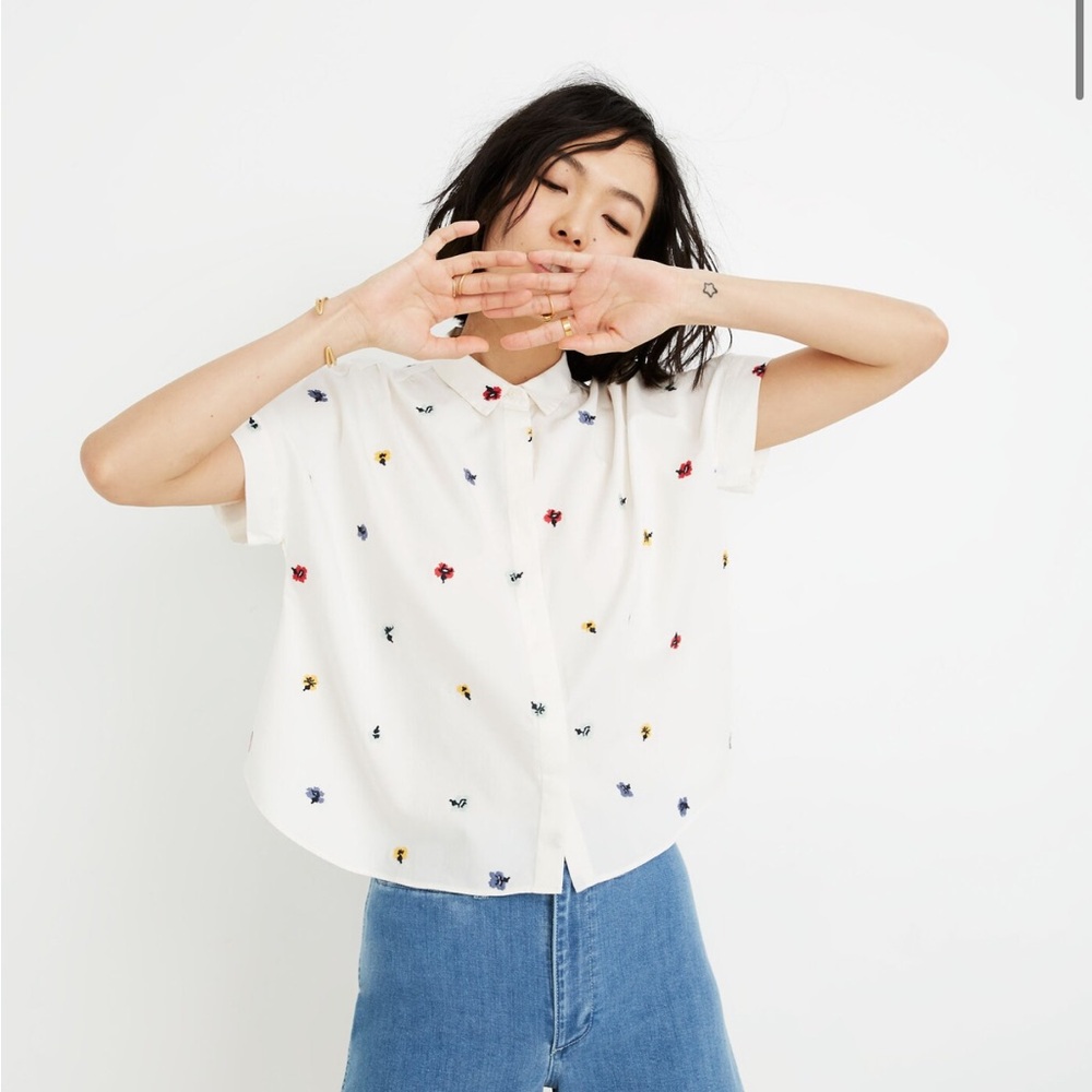 Madewell White Floral Embroidered Short Sleeve Blouse